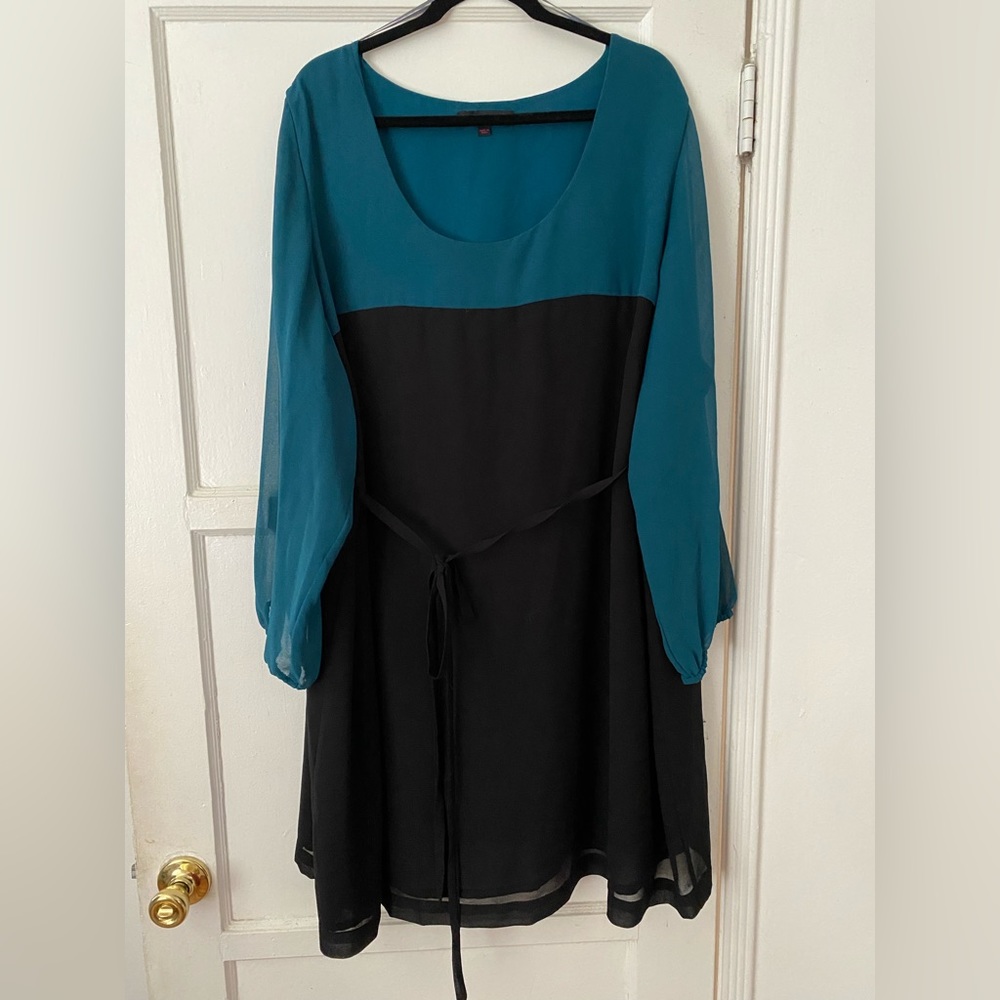 Simply Be Color Block Black/Teal Dress Semi-Sheer Plus Size US 28